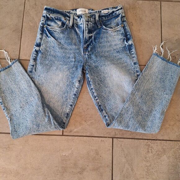 FRAME LE HIGH SKINNY JEANS CROPPED FRAYED-HEM DISTRESSING LOMBARD WASH BLUE 26 - Picture 1 of 8